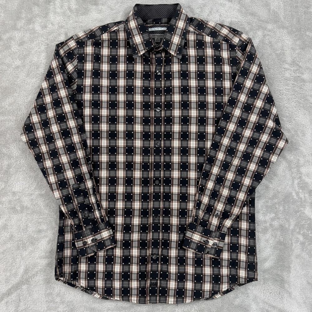 Johnston & Murphy Shirt Mens Medium Tailored Beige Brown Black‎ Plaid Casual
